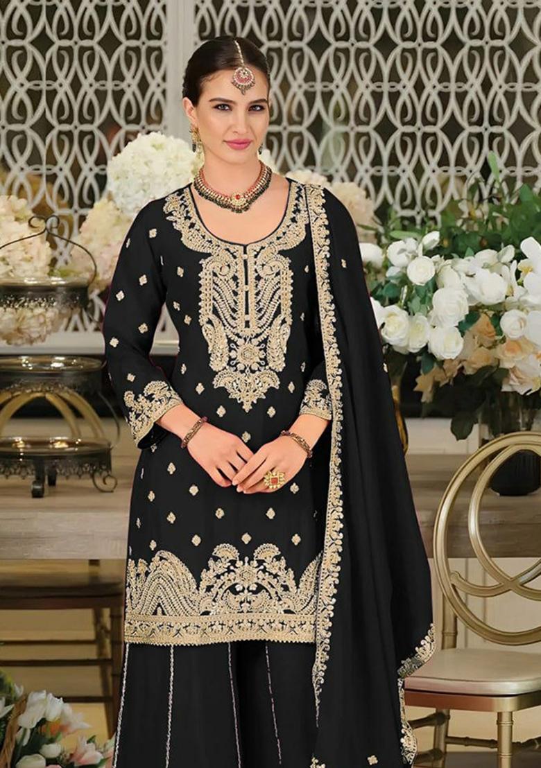 Black Embroidered Chinon Sharara Set - Indya