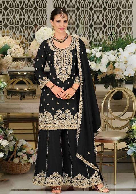 Black Embroidered Chinon Sharara Set