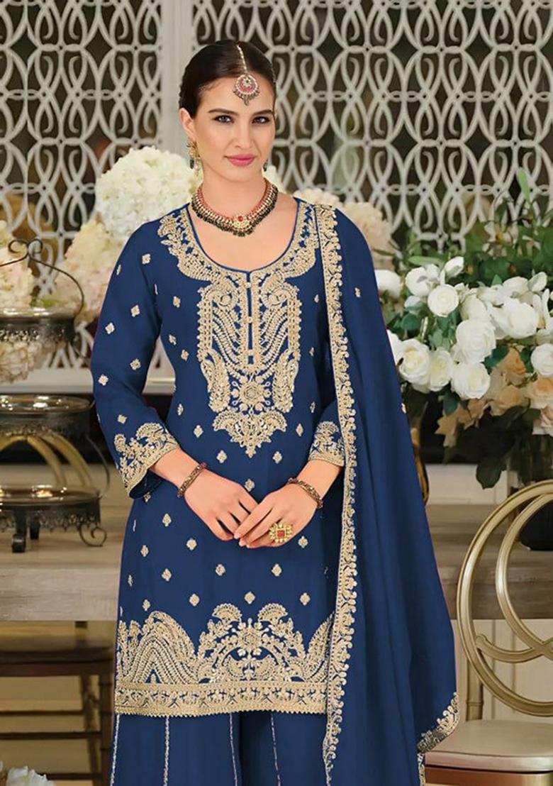 Blue Embroidered Chinon Sharara Set - Indya