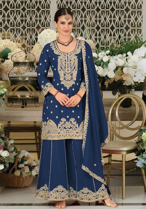 Blue Embroidered Chinon Sharara Set