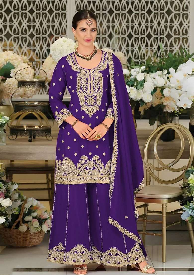 Purple Embroidered Chinon Sharara Set - Indya