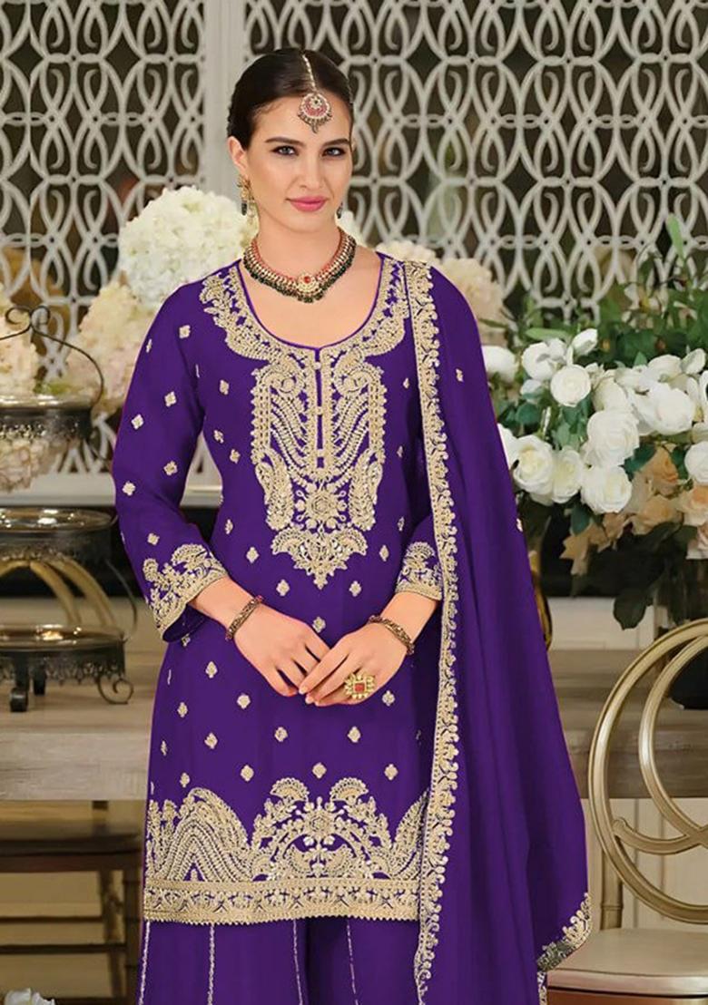 Purple Embroidered Chinon Sharara Set - Indya