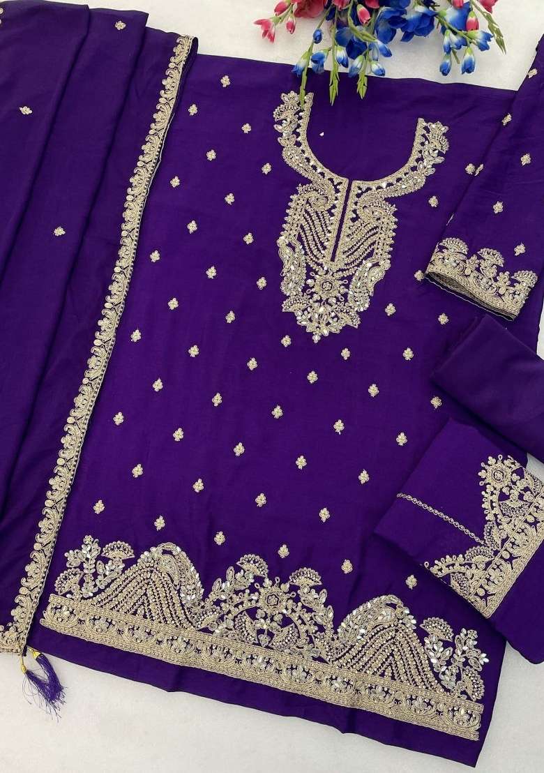 Purple Embroidered Chinon Sharara Set - Indya