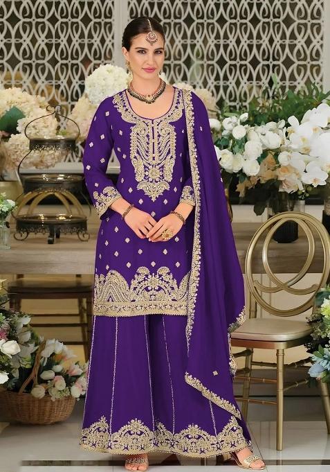 Purple Embroidered Chinon Sharara Set