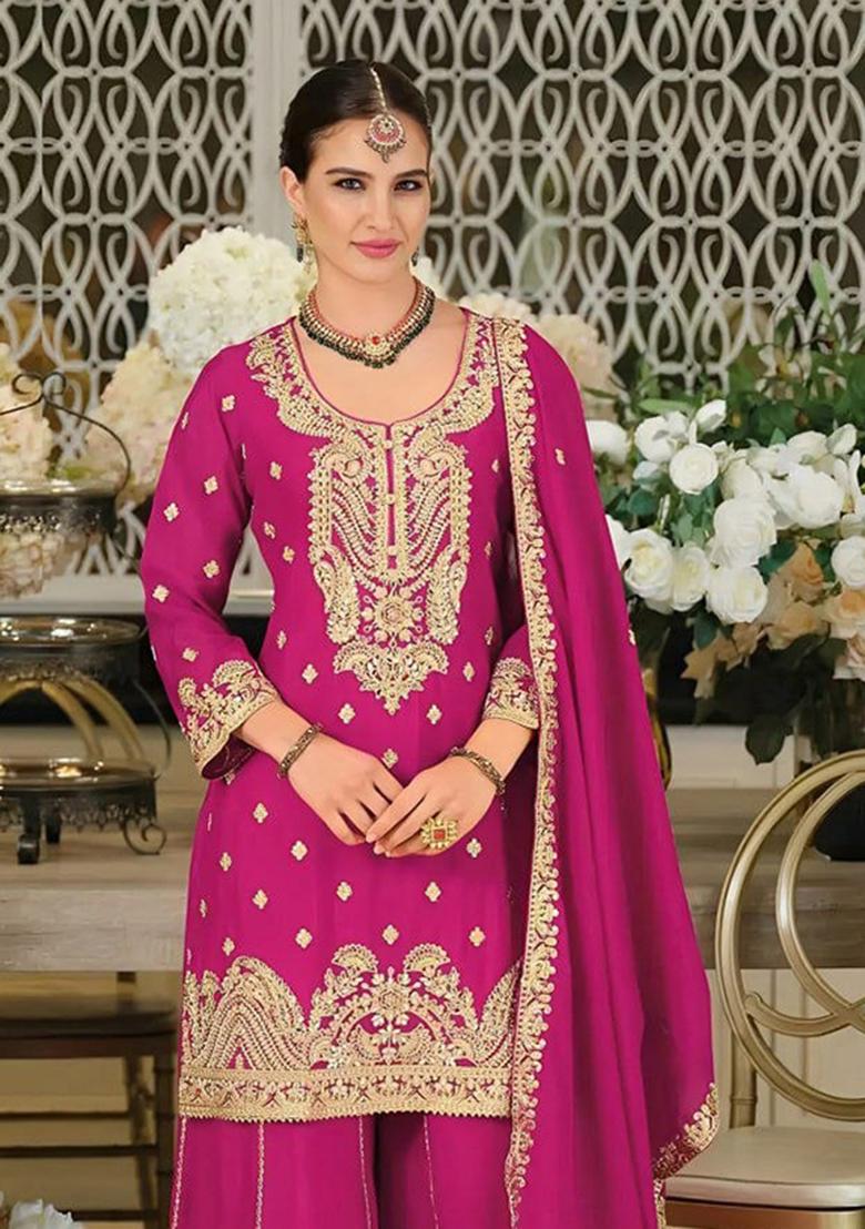 Pink Embroidered Chinon Sharara Set - Indya