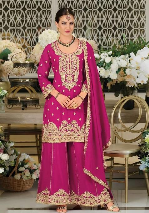 Pink Embroidered Chinon Sharara Set