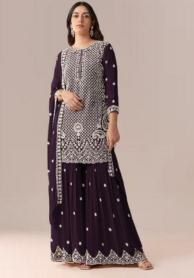 Purple Embroidered Georgette Kurta Set