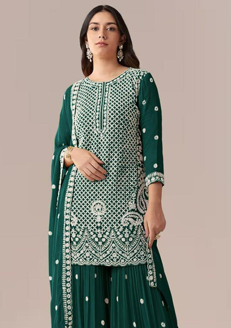 Green Embroidered Georgette Kurta Set - Indya