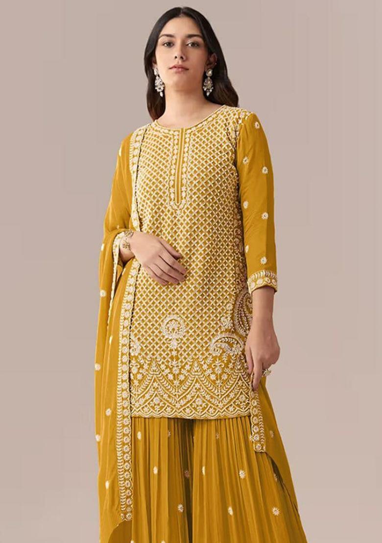 Yellow Embroidered Georgette Kurta Set - Indya