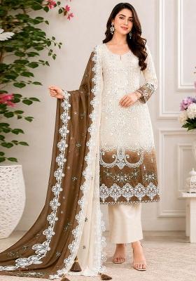 Brown Embroidered Georgette Kurta Set