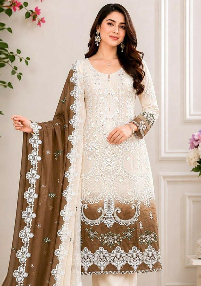 Brown Embroidered Georgette Kurta Set - Indya