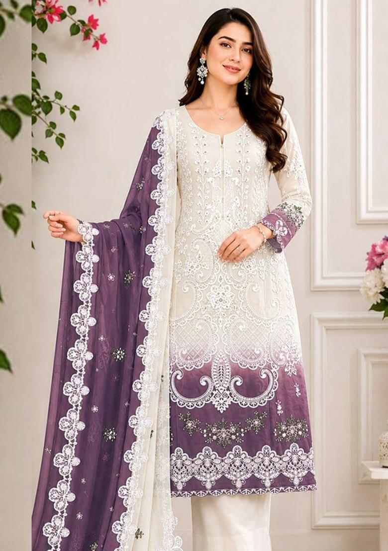Purple Embroidered Georgette Kurta Set - Indya