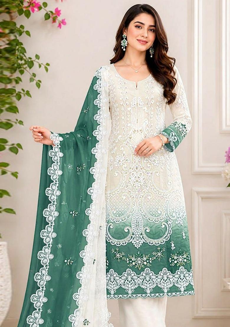 Green Embroidered Georgette Kurta Set - Indya