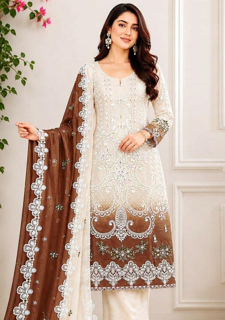 Dark Brown Embroidered Georgette Kurta Set - Indya
