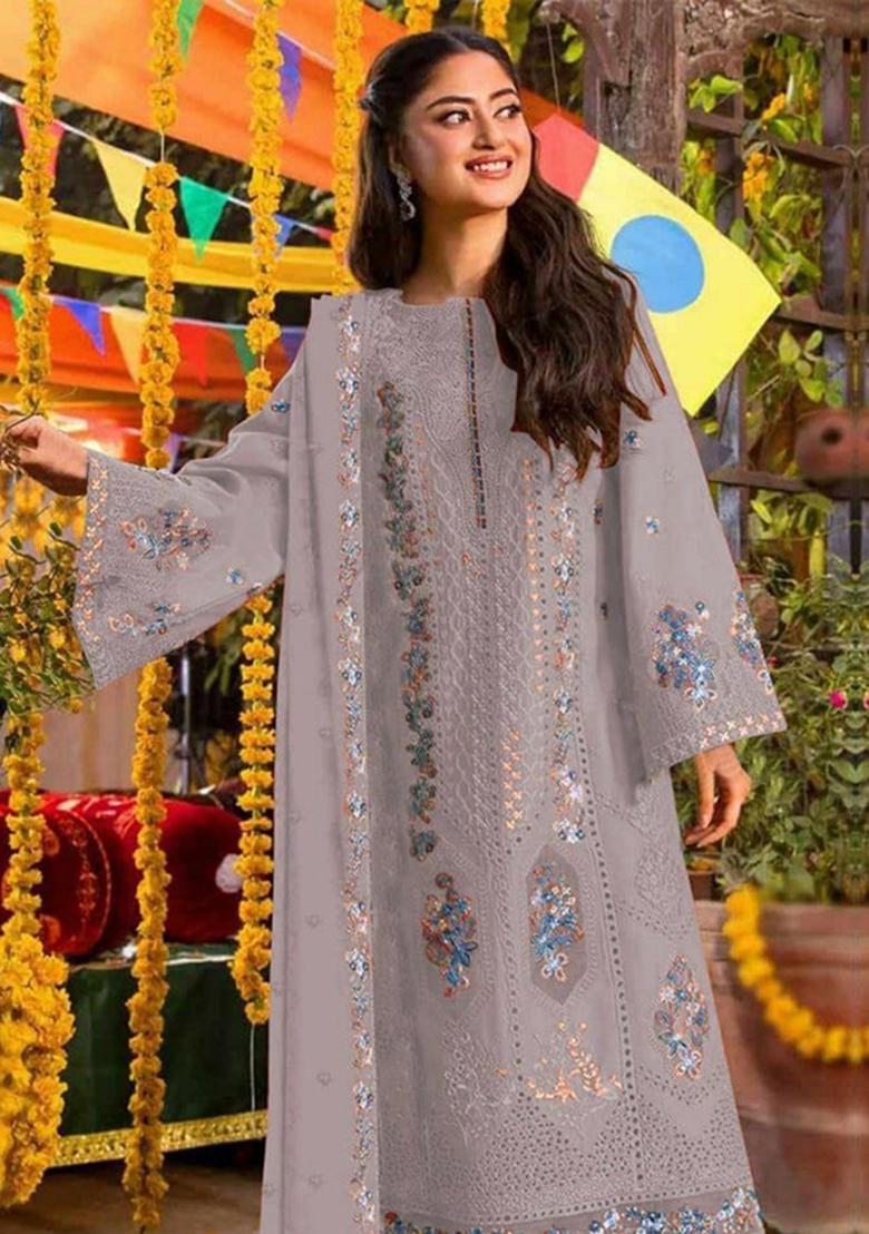 Grey Embroidered Chiffon Kurta Set - Indya