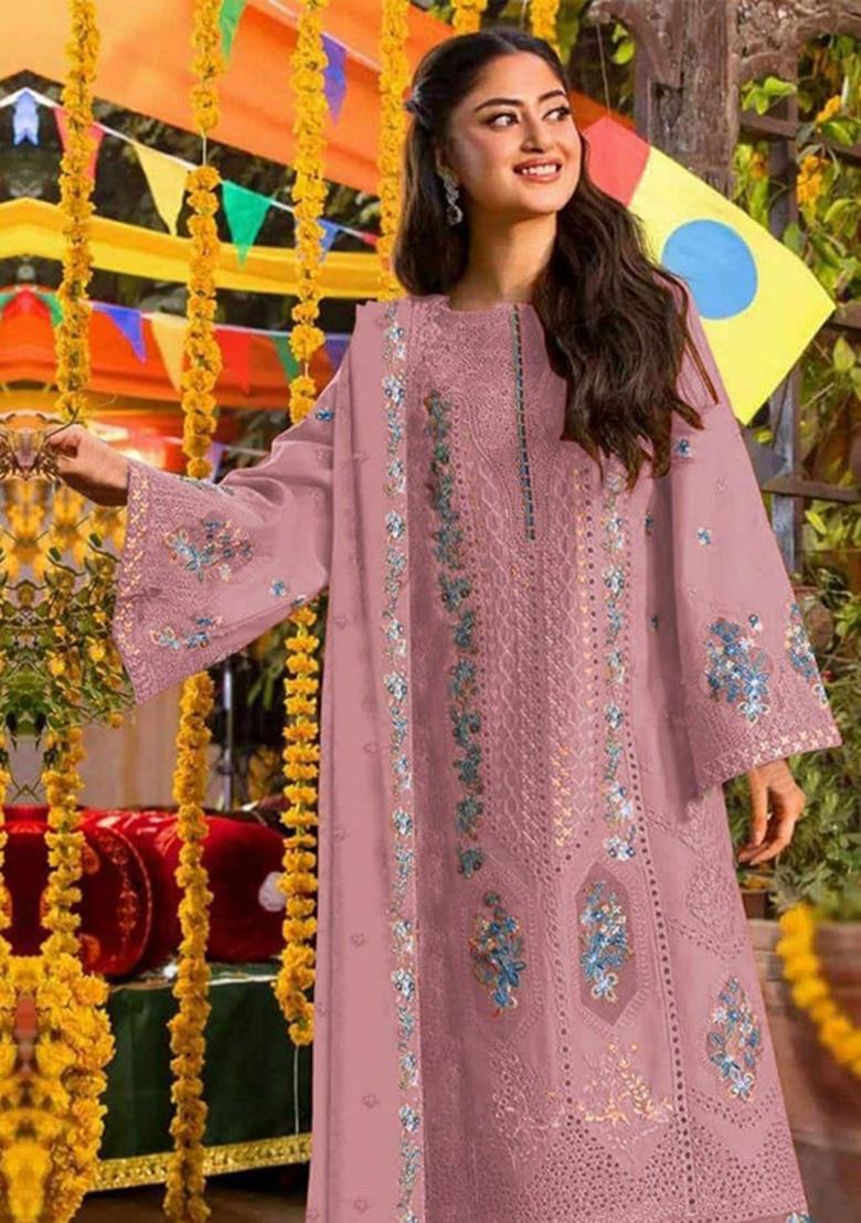 Pink Embroidered Chiffon Kurta Set - Indya