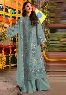 Blue Embroidered Chiffon Kurta Set