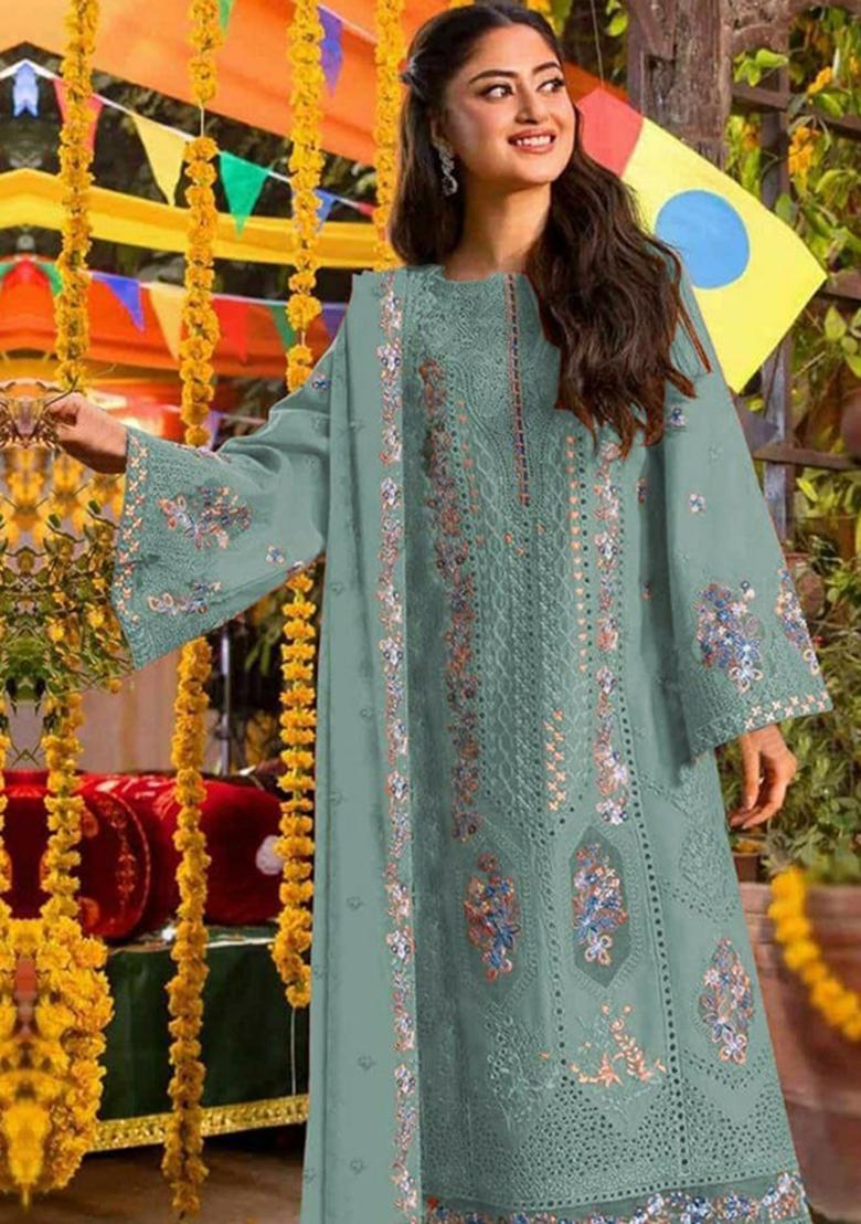 Blue Embroidered Chiffon Kurta Set - Indya