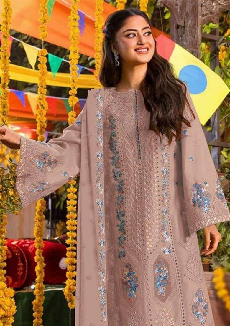 Brown Embroidered Chiffon Kurta Set - Indya