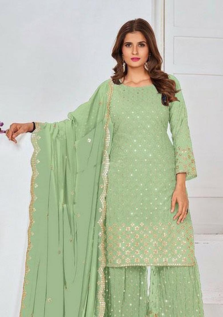 Green Embroidered Georgette Kurta Set - Indya