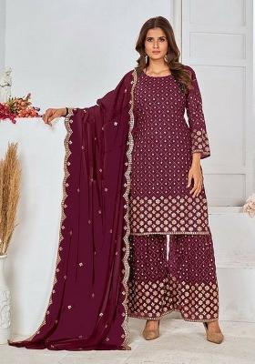 Maroon Embroidered Georgette Kurta Set