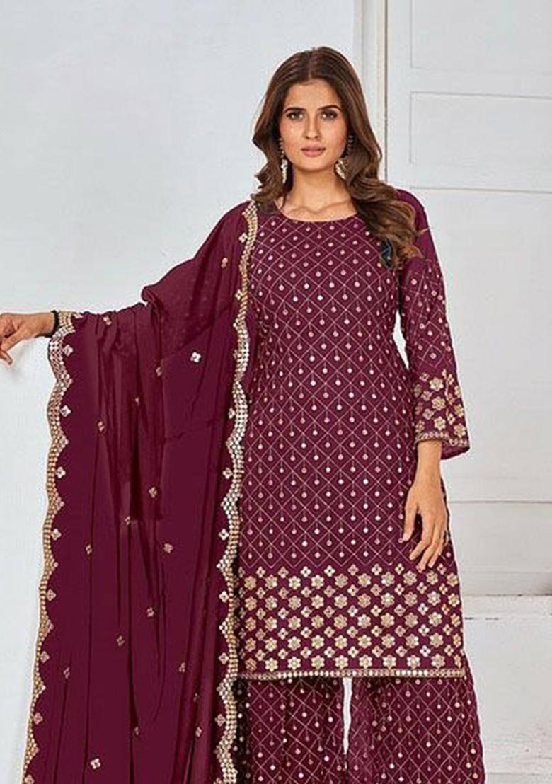 Maroon Embroidered Georgette Kurta Set - Indya