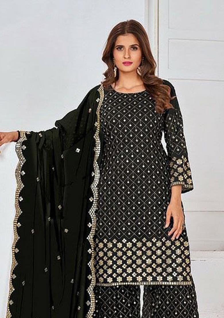 Black Embroidered Georgette Kurta Set - Indya