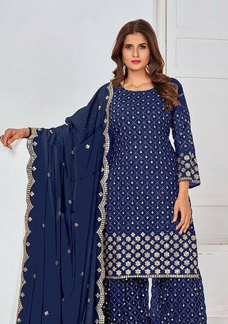 Blue Embroidered Georgette Kurta Set - Indya