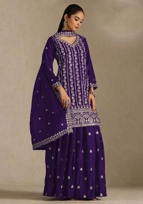 Purple Embroidered Chinon Sharara Set