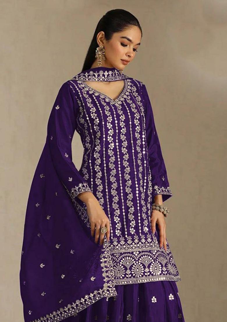 Purple Embroidered Chinon Sharara Set - Indya