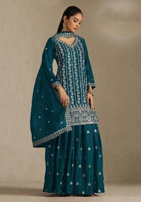 Blue Embroidered Chinon Sharara Set