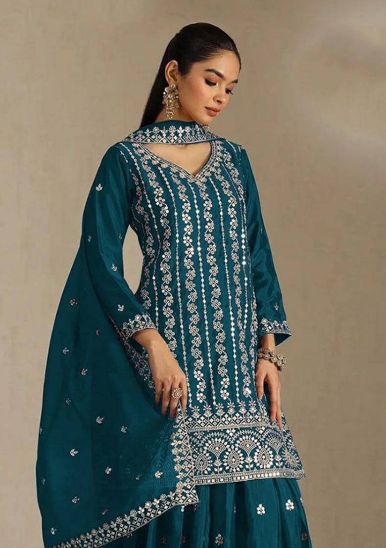 Blue Embroidered Chinon Sharara Set - Indya