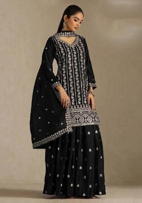 Black Embroidered Chinon Sharara Set