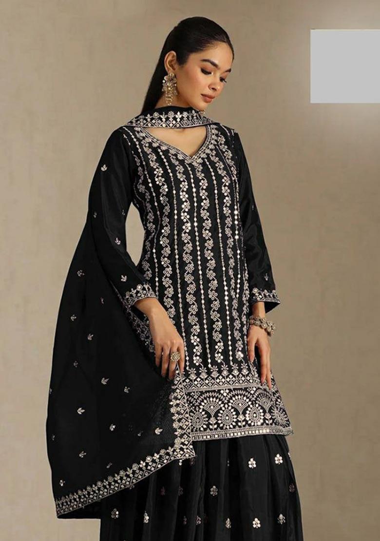 Black Embroidered Chinon Sharara Set - Indya