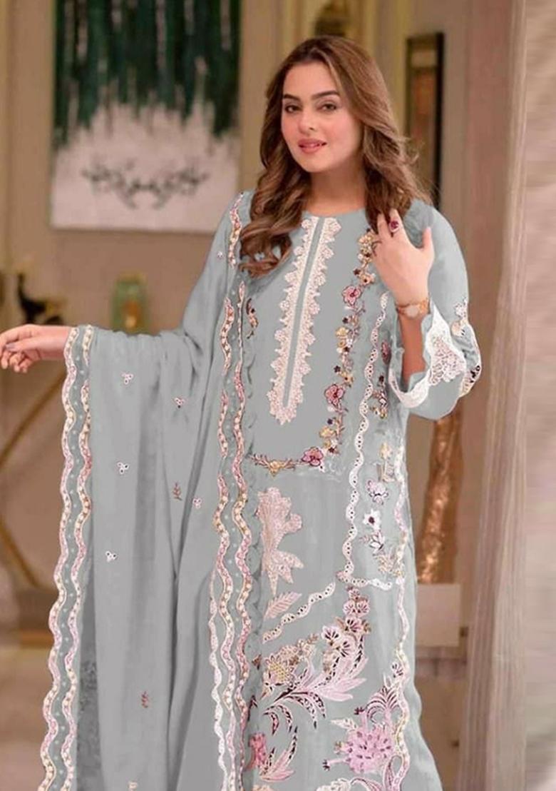 Grey Embroidered Chiffon Kurta Set - Indya