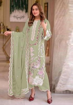 Green Embroidered Chiffon Kurta Set