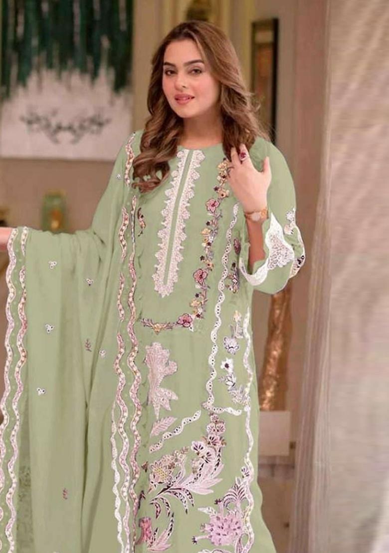 Green Embroidered Chiffon Kurta Set - Indya