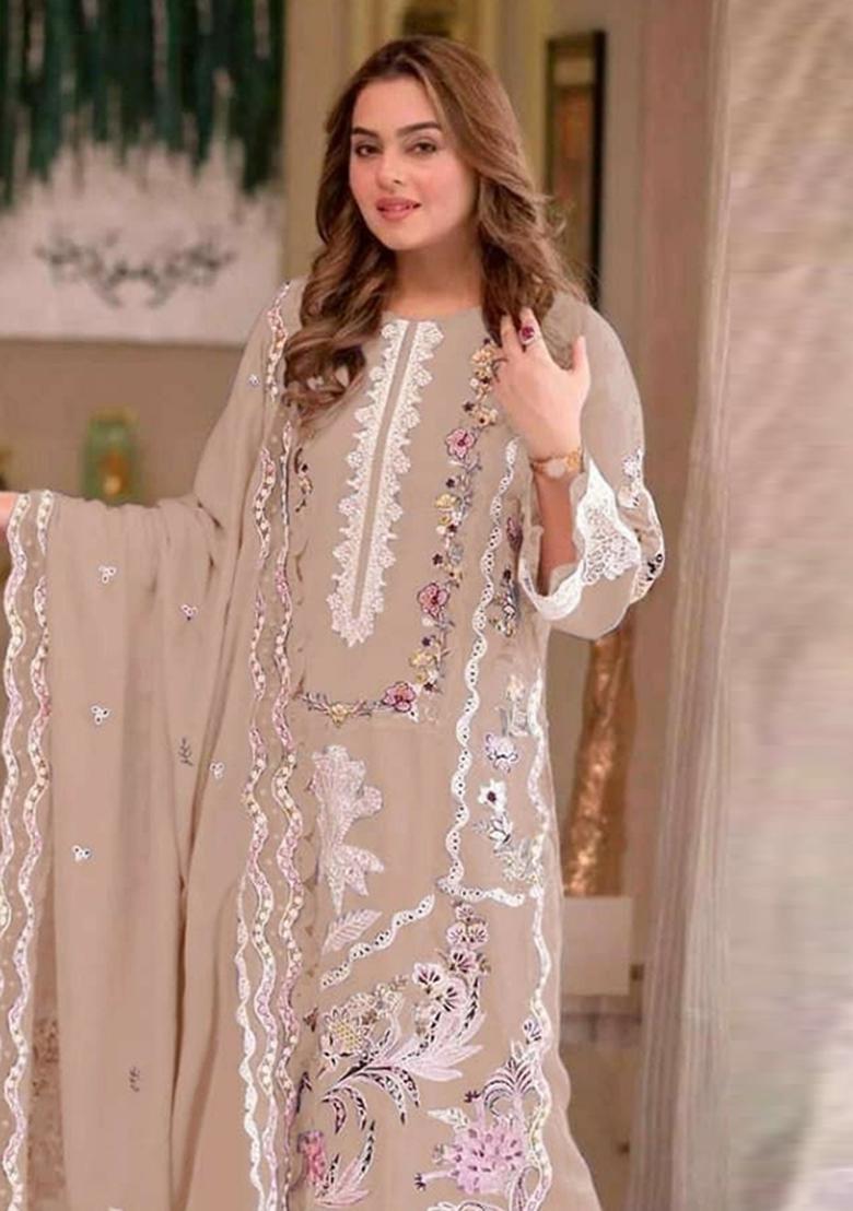 Brown Embroidered Chiffon Kurta Set - Indya