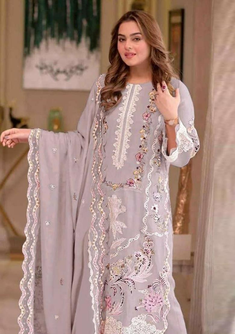 Purple Embroidered Chiffon Kurta Set - Indya
