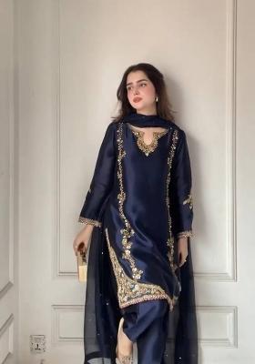 Navy Blue Embroidered Silk Blend Farshi Salwar