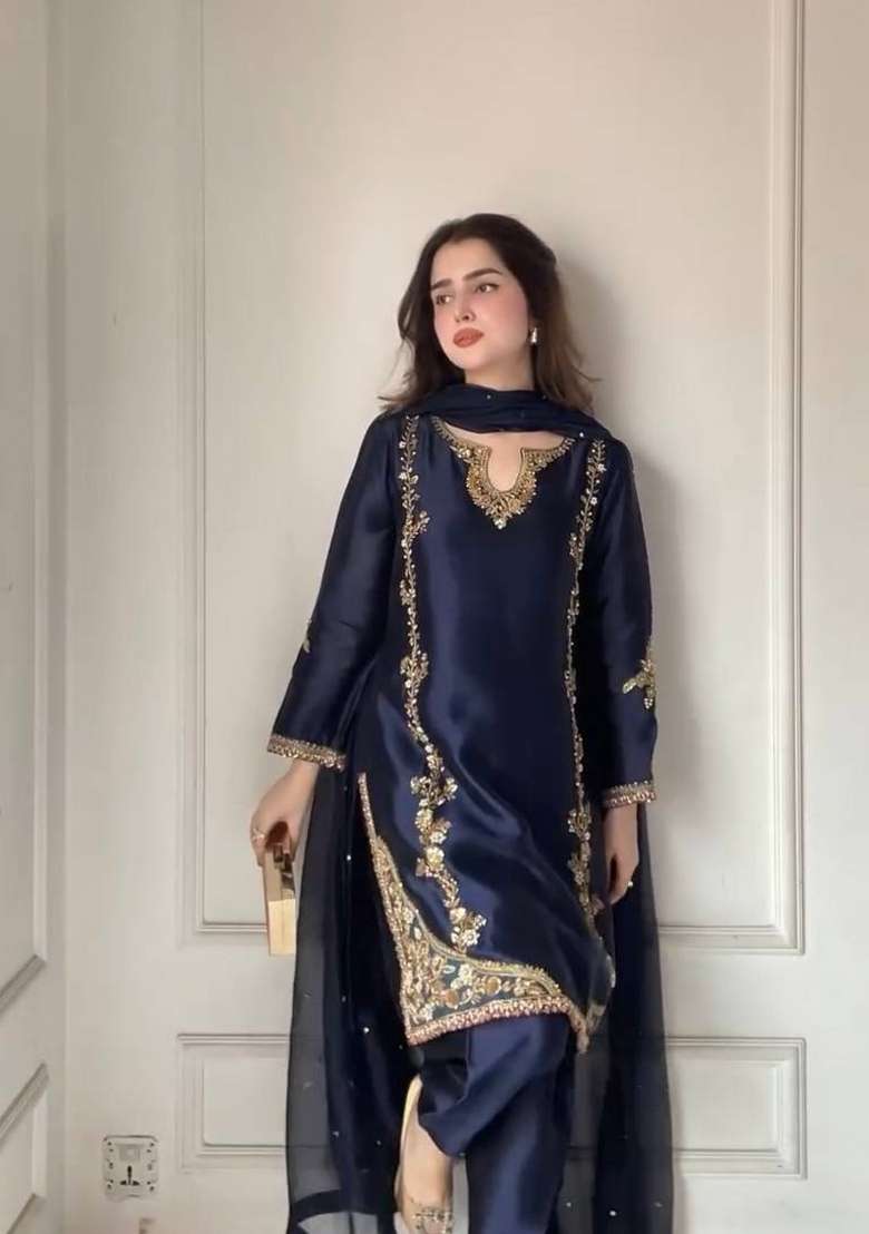 Navy Blue Embroidered Silk Blend Farshi Salwar - Indya