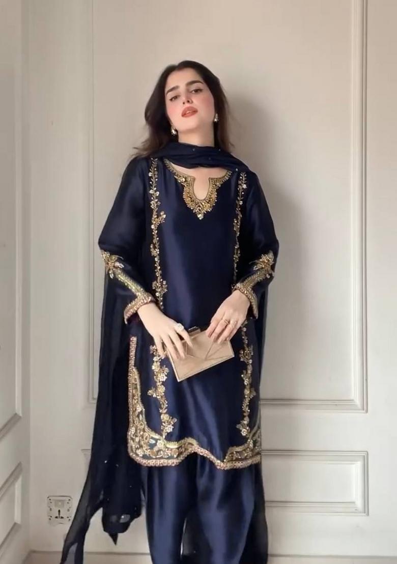 Navy Blue Embroidered Silk Blend Farshi Salwar - Indya