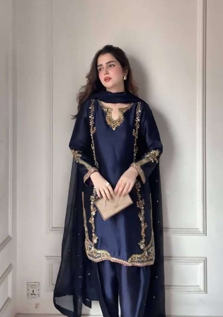 Navy Blue Embroidered Silk Blend Farshi Salwar - Indya