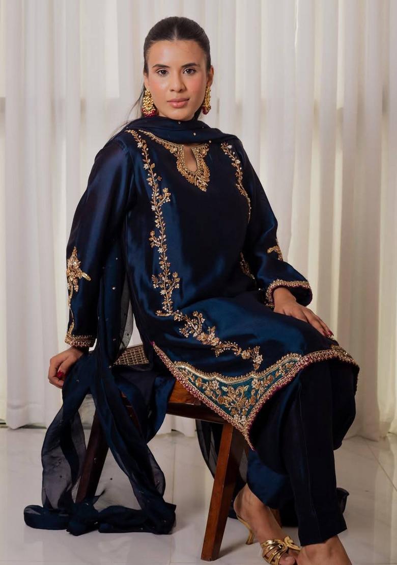 Navy Blue Embroidered Silk Blend Farshi Salwar - Indya