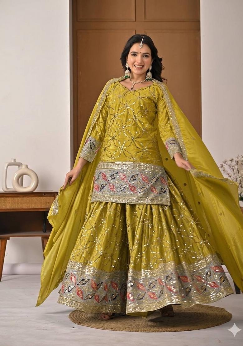 Yellow Embroidered Chinon Sharara Set - Indya
