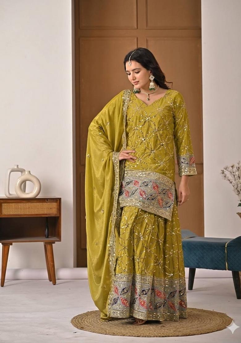 Yellow Embroidered Chinon Sharara Set - Indya