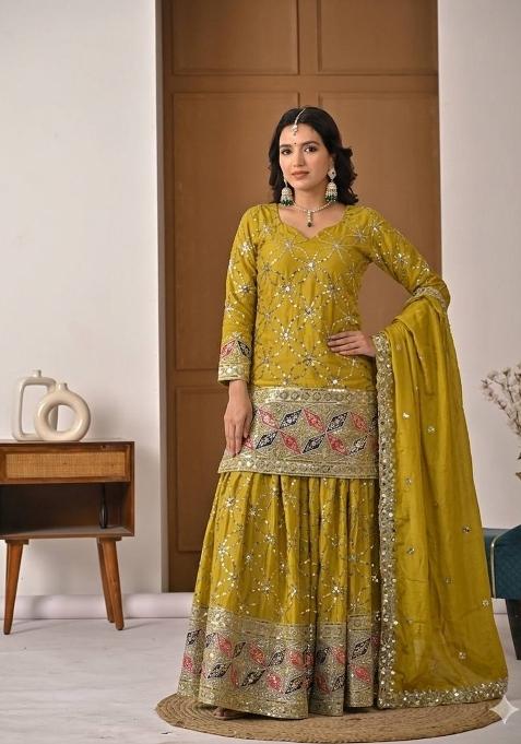 Yellow Embroidered Chinon Sharara Set