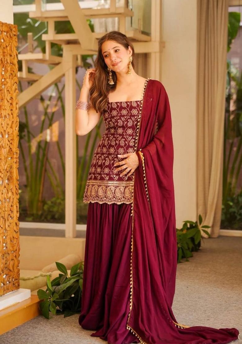 Maroon Embroidered Georgette Sharara Set - Indya