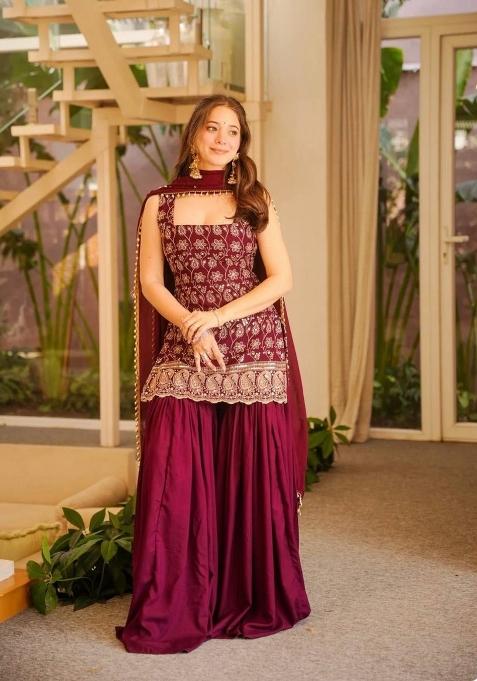 Maroon Embroidered Georgette Sharara Set