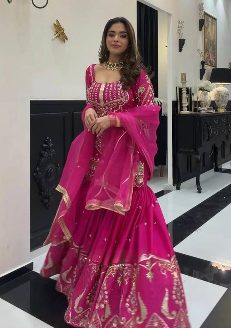 Pink Embroidered Silk Sharara Set - Indya